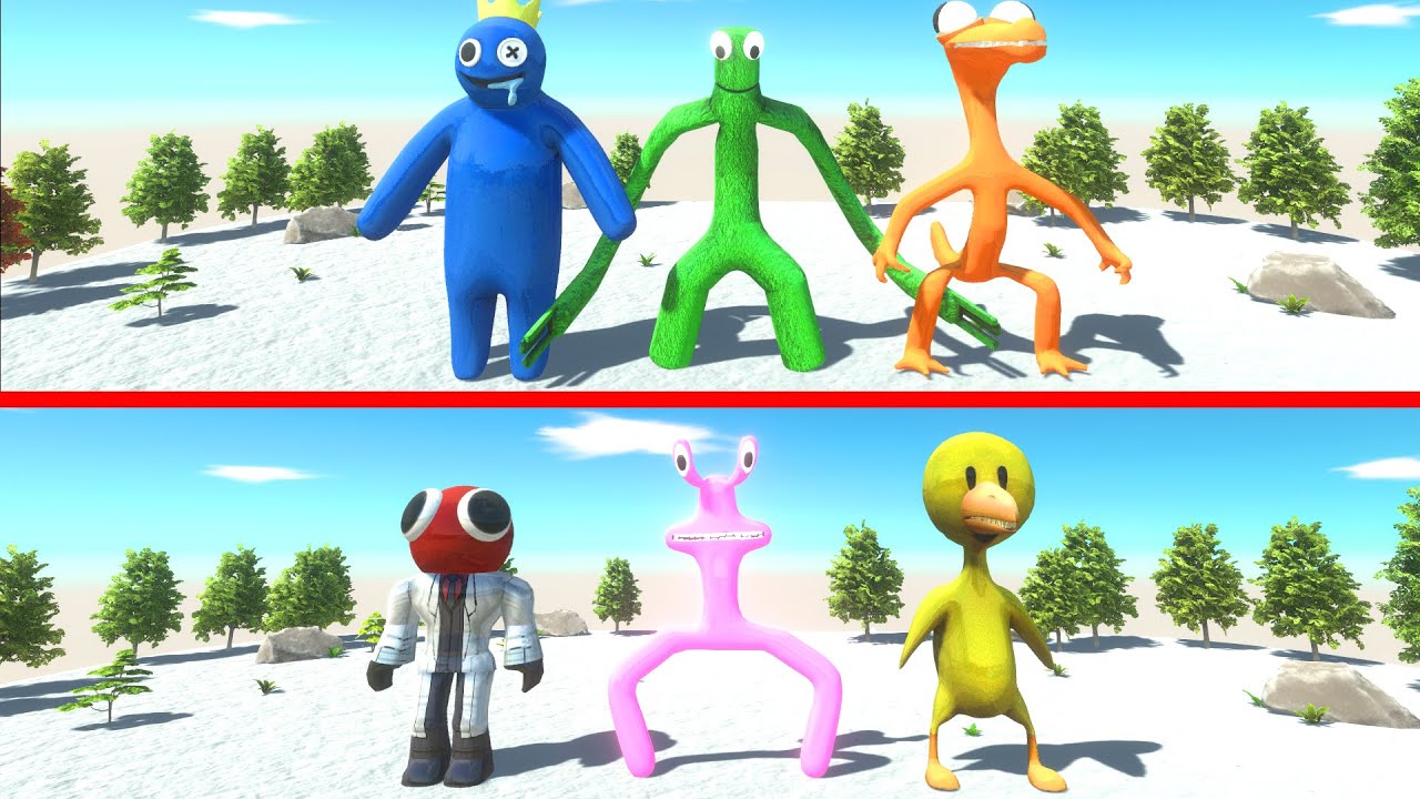 Rainbow Friends Battle | Green, Blue, Orange vs Red, Pink, Yellow - Animal Revolt Battle Simulator