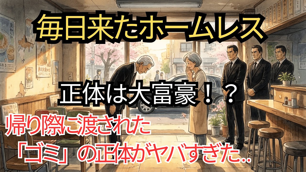 【感動】閉店寸前の食堂で、毎日ホームレスに売れ残りの弁当をあげていたら…翌日、店前に高級車が！手渡された「ゴミ」の正体に涙が止まらない【実話/スカッとする話/朗読】