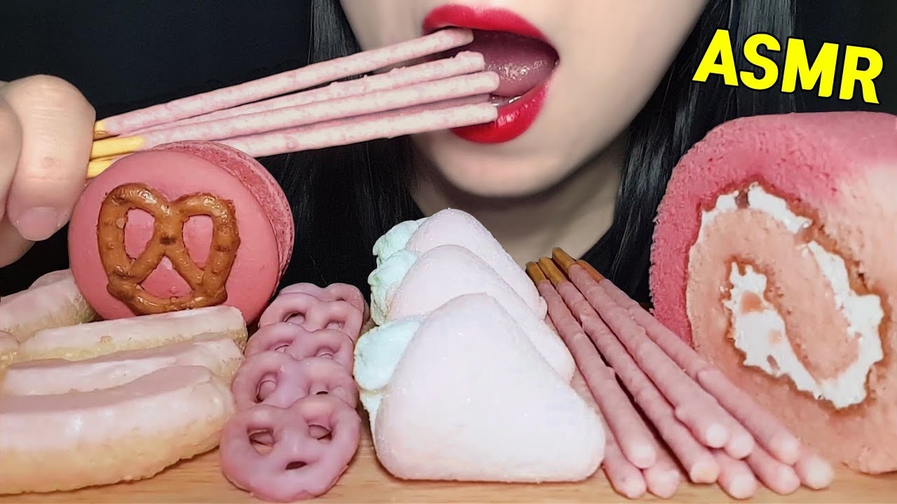ASMR Strawberry Marshmallow, Macaroon, Peach Roll Cake 딸기 마쉬멜로우,마카롱,복숭아 롤케이크 먹방 | JU ASMR
