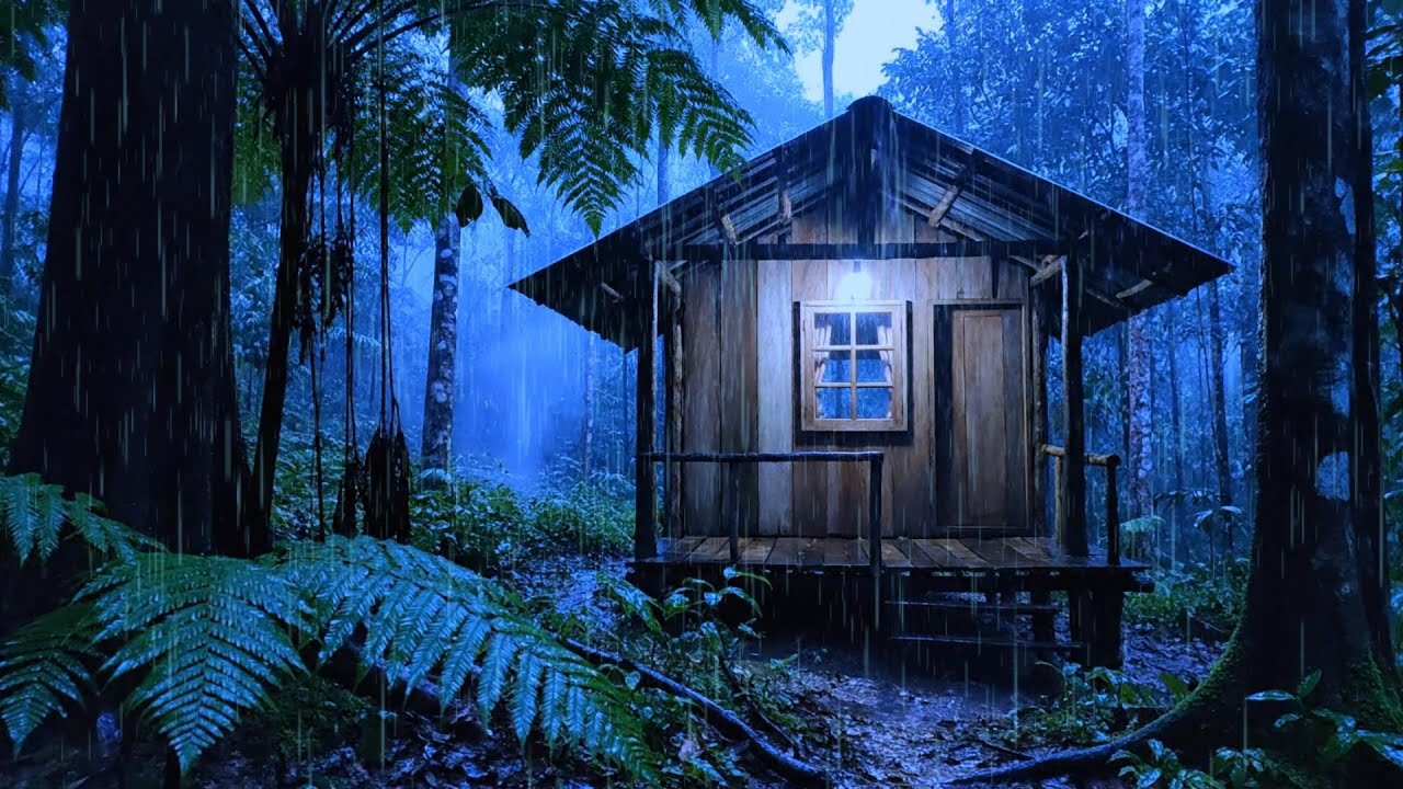 Dark Jungle Rain at Night 🌧️ Small Wooden Cabin Ambience for Deep Sleep