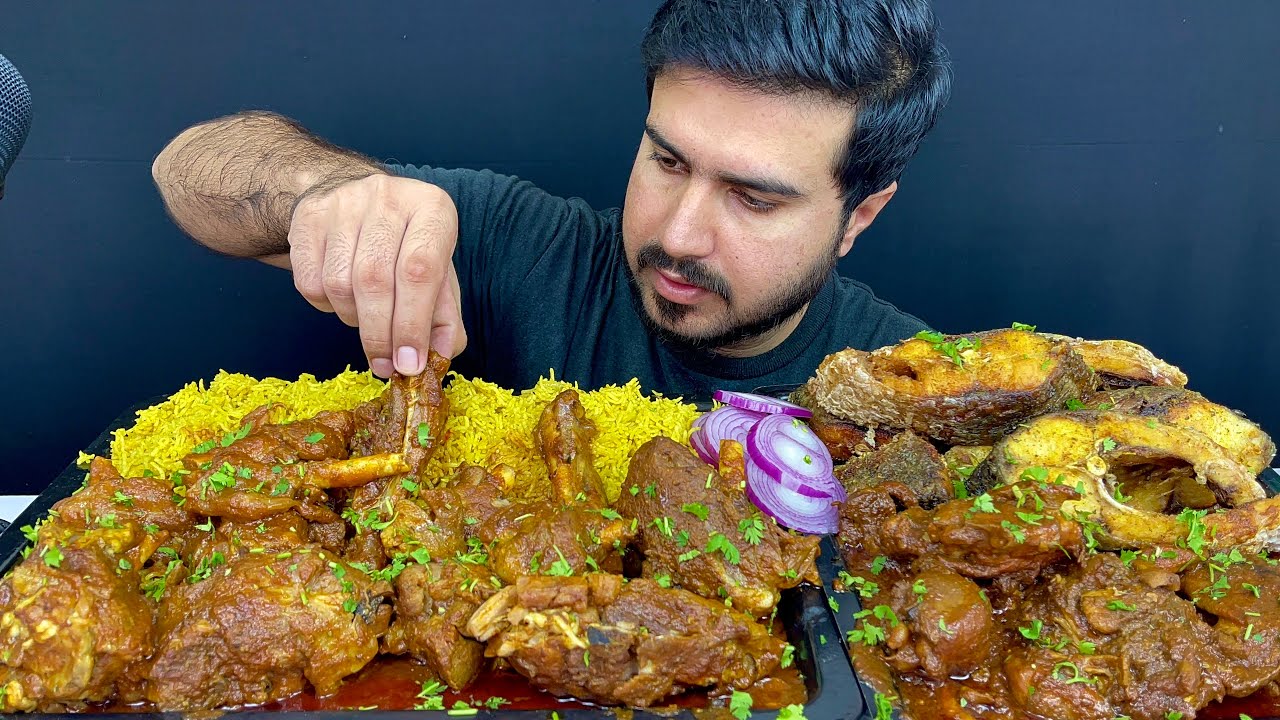 ASMR; EATING SPICY MUTTON CURRY+CHICKEN CURRY+FRIED FISH+MASALA RICE+ONION || REAL MUKBANG