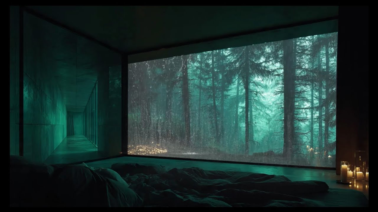 Violent Thunderstorm in the Emerald Forest: Minimalist Glass Cabin Ambience