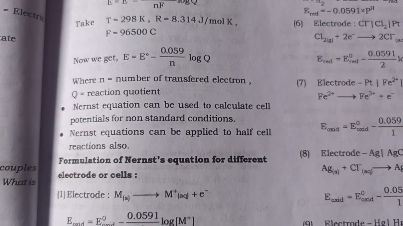 NERNST EQUATION FOR DIFFERENT ELECTRODES FOR NEET AND JEE ADVANCED COURSE