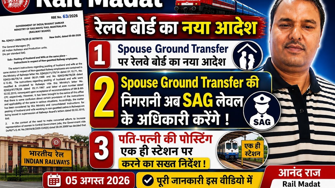 Railway Board New update | Husband & Wife Same Station Posting  | Spouse Ground Transfer RBE 63/2026