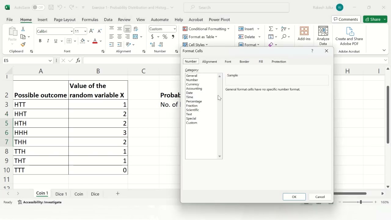 Probability Distribution - Histogram - Coin Example