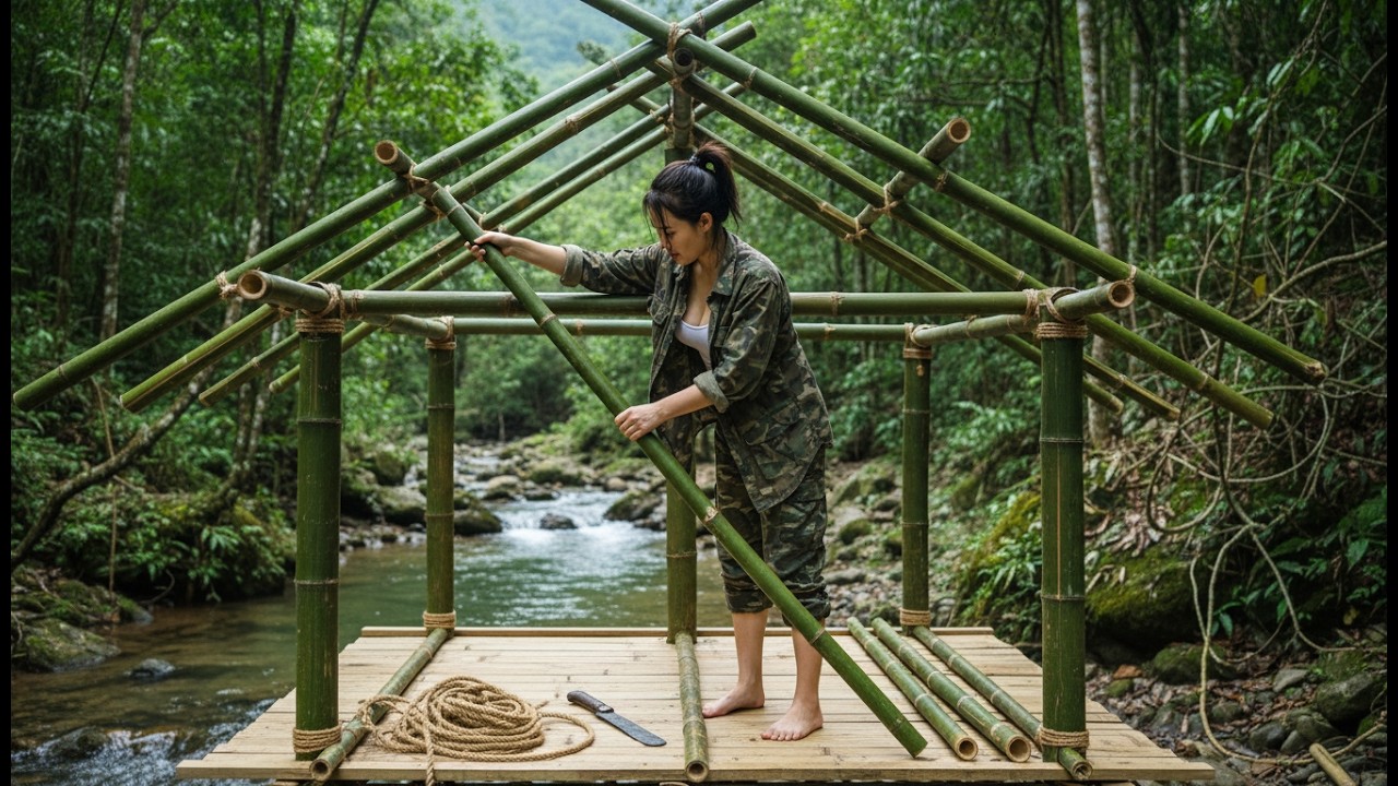 72 Hours Survival Challenge: Girl Builds a Forest Shelter Next to a Hidden Stream