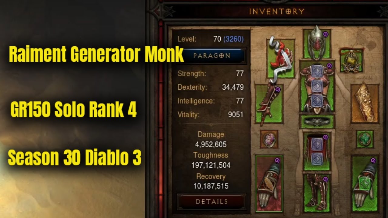 Season 30 Raiment Monk GR150 Solo Rank 4 - Diablo 3