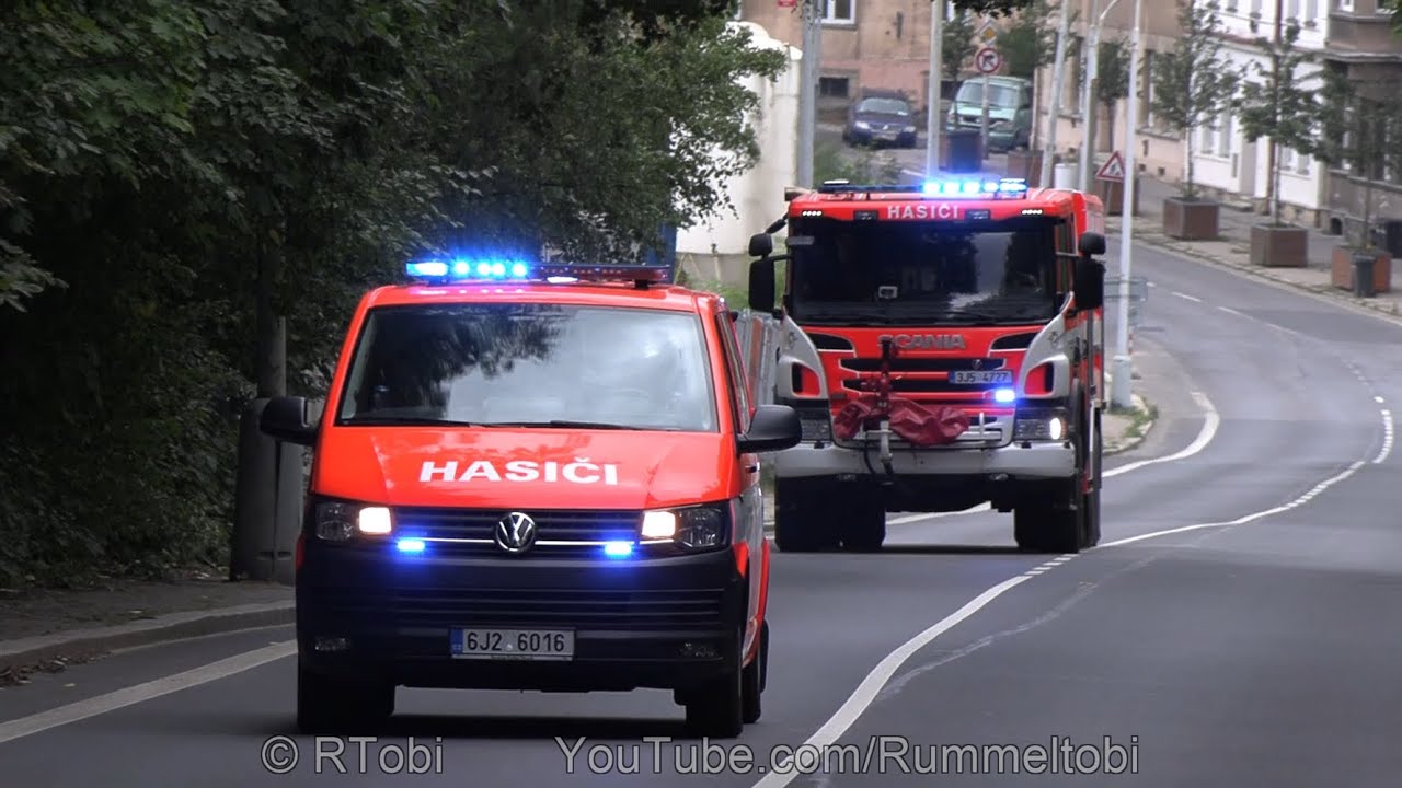 Golcuv Jenikov volunteer fire department VW T6 van & Scania tanker responding in Decin [CZ | 8.2022]