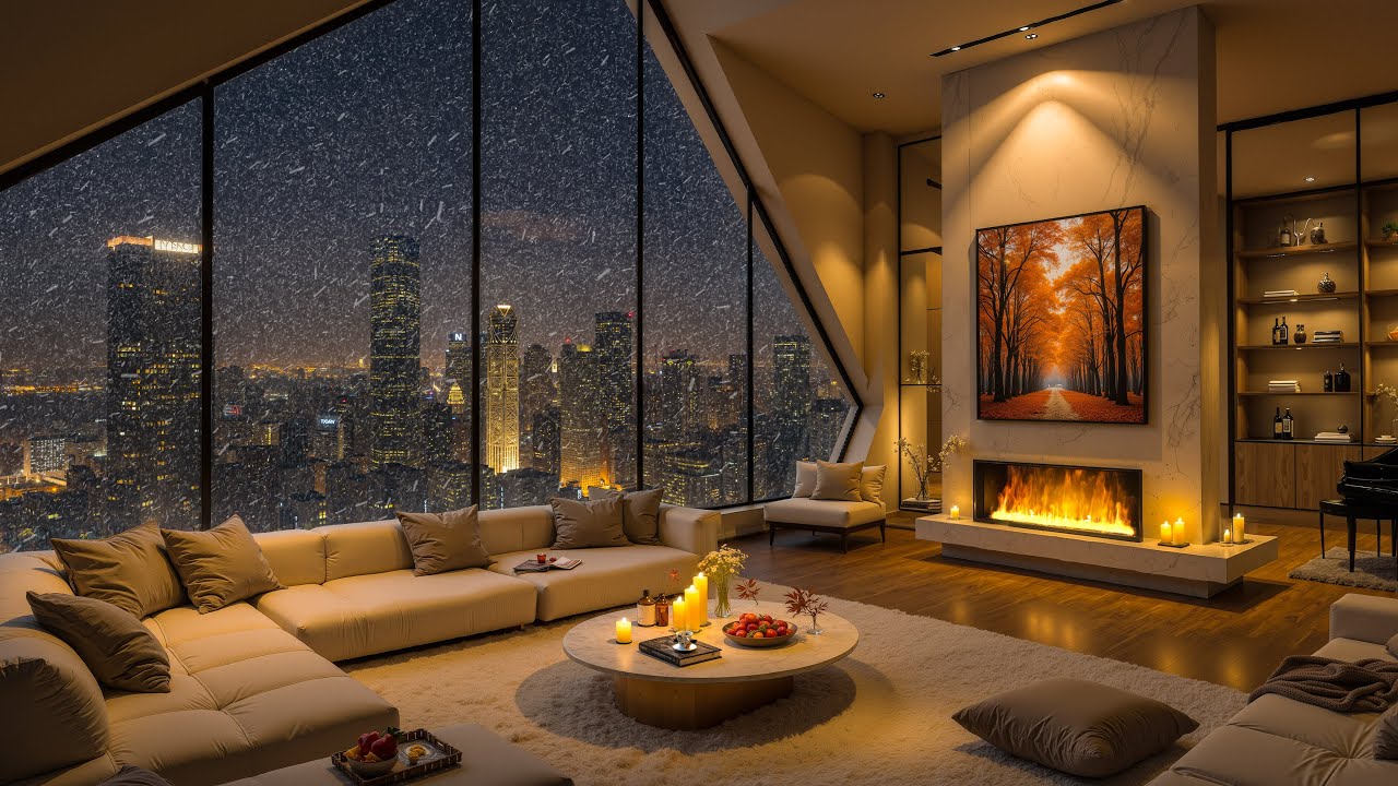 Luxury City Night Living Room 🌃 Cozy Fireplace Jazz & Skyline View for Relax & Focus