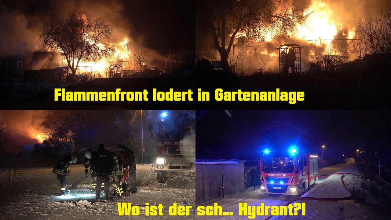 Meterhohe Flammen/Vollbrand mehrerer Lauben bei Schneesturm in Leipzig-Böhlitz-Ehrenberg[07.02.2021]