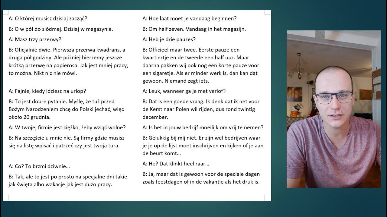 Praca, dialog. Porównanie i analiza tekstu. Polsko-niderlandzki. Nauka języka NL.