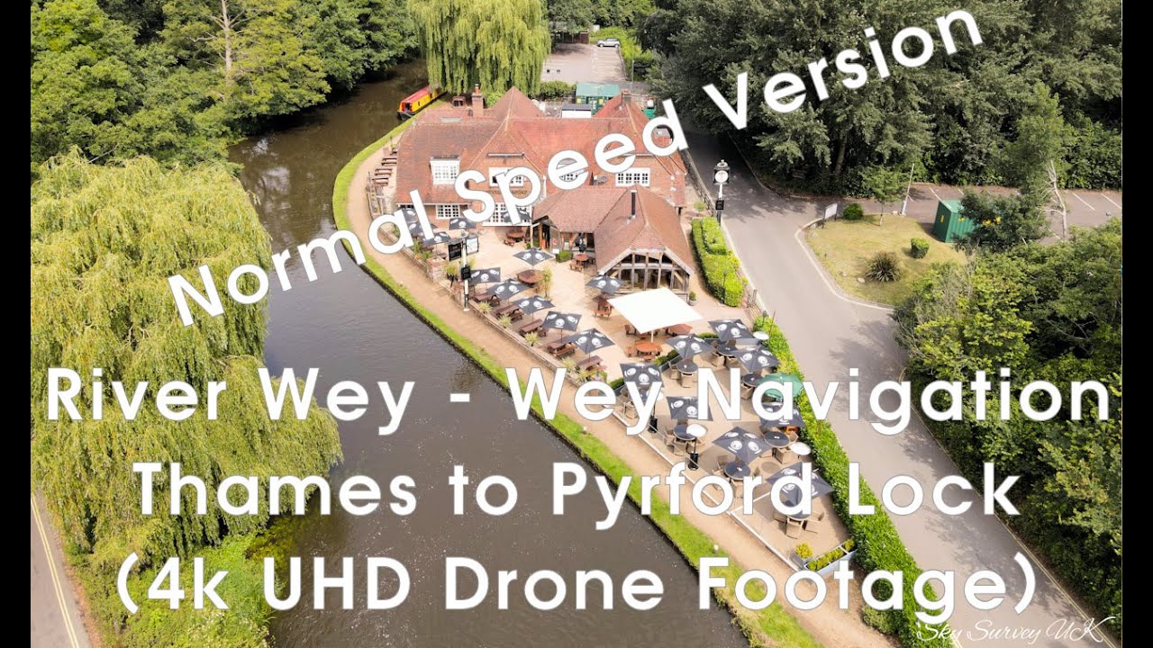 River Wey - Wey Navigation: The Thames to Pyrford Lock via Wey Navigation aerial drone footage 4k.