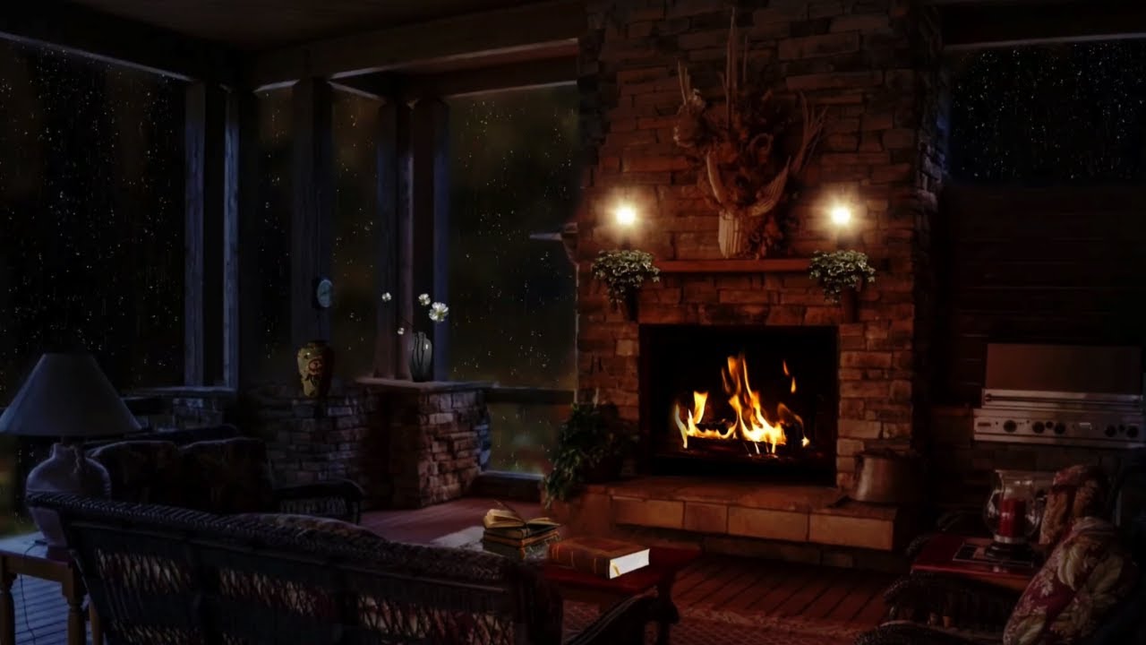 COZY CABIN AMBIENCE WITH CRAKLING FIREPLACE |GENTLE  FROGS,CRICKETS & BIRDS |FOR SLEEPING & RELAXING