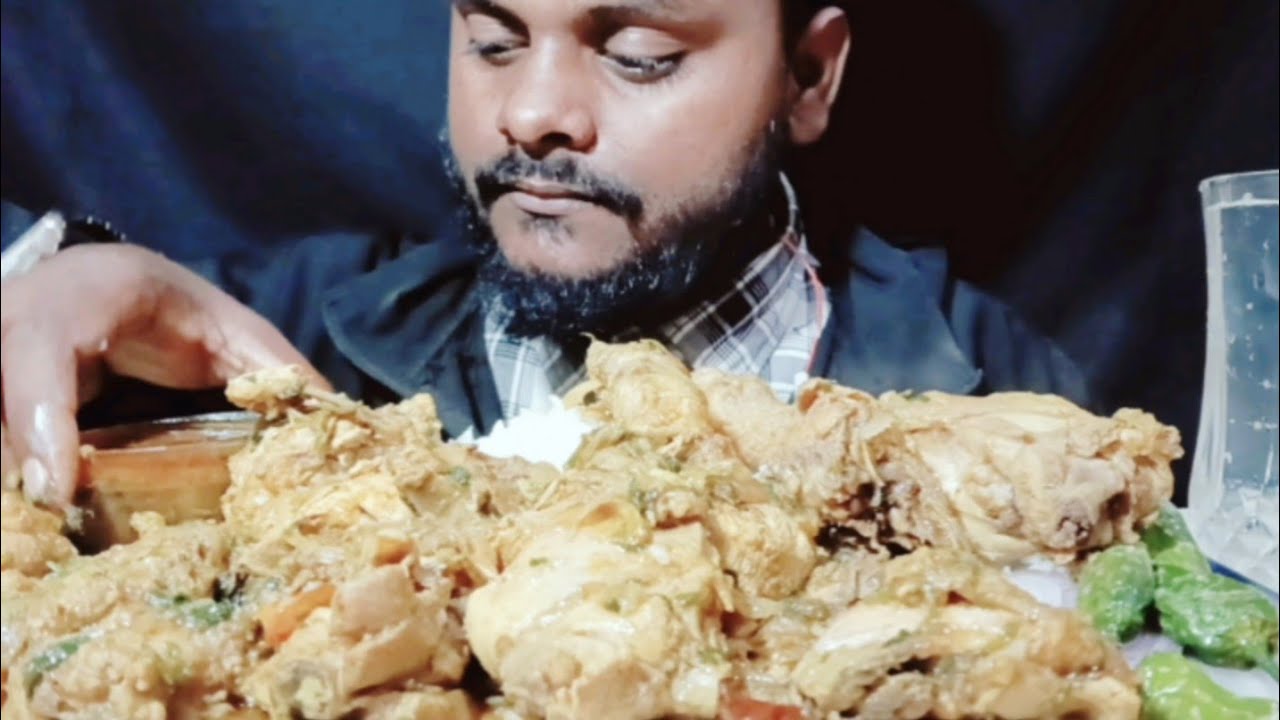 ASMR EATING SPICY CHICKEN WITH GRAVY, RICE, SALAD, GREEN CHILLIES MUKBANG!!!