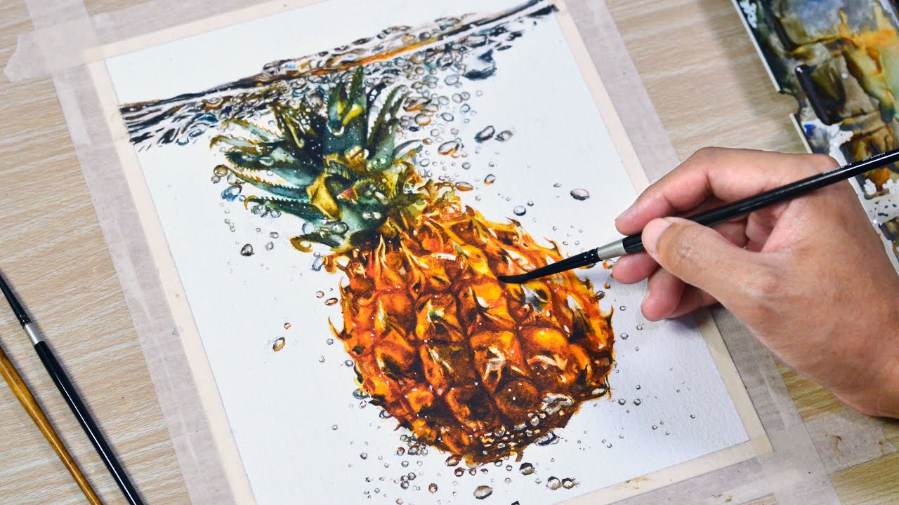Pineapple Water Splash in Watercolor Painting