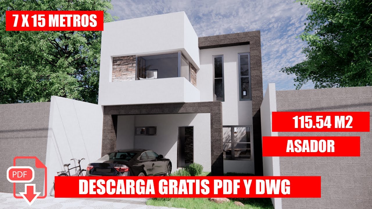 Plano de Casa de 7 X 15 con ZONA DE ASADOR / House Plans 7 X 15 / Rumah 7 X 15