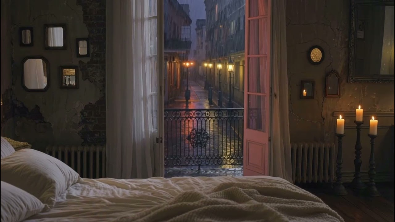 Vintage New Orleans Rain from Bed | Candlelight & NOLA Nighttime Ambience | Relax or Sleep (8 Hours)