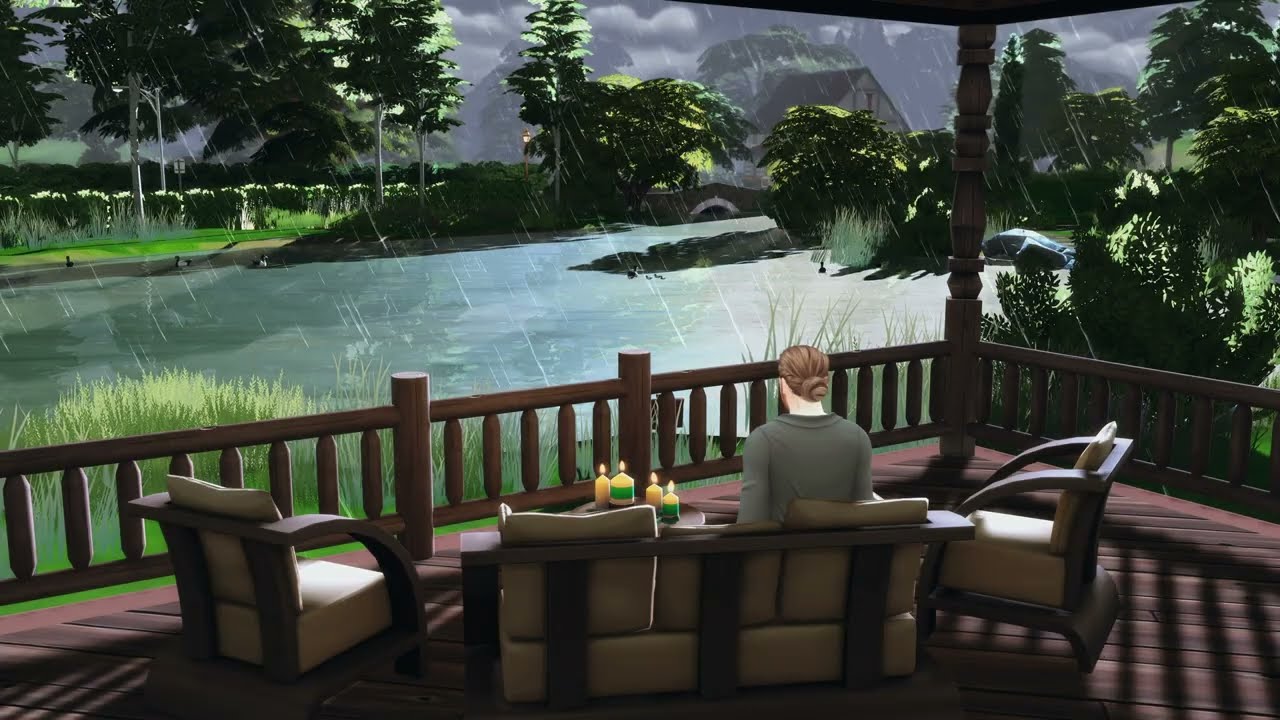 Relaxing on the Back Porch During a Thunderstorm While Overlooking a Pond - The Sims 4