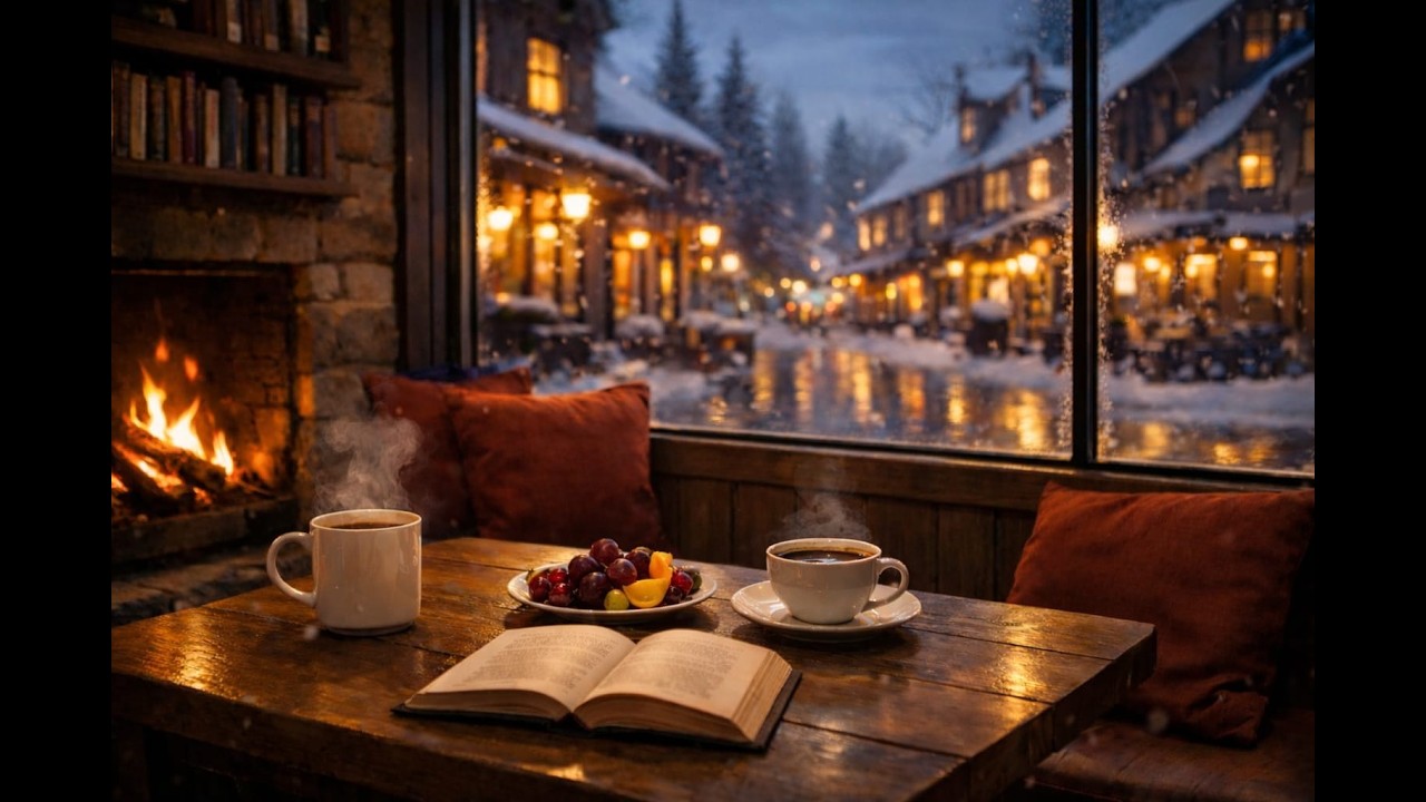 Snowfall Window Coffee Shop ☕❄️ Warm Fireplace Jazz for Study, Work, Relaxing & Insomnia