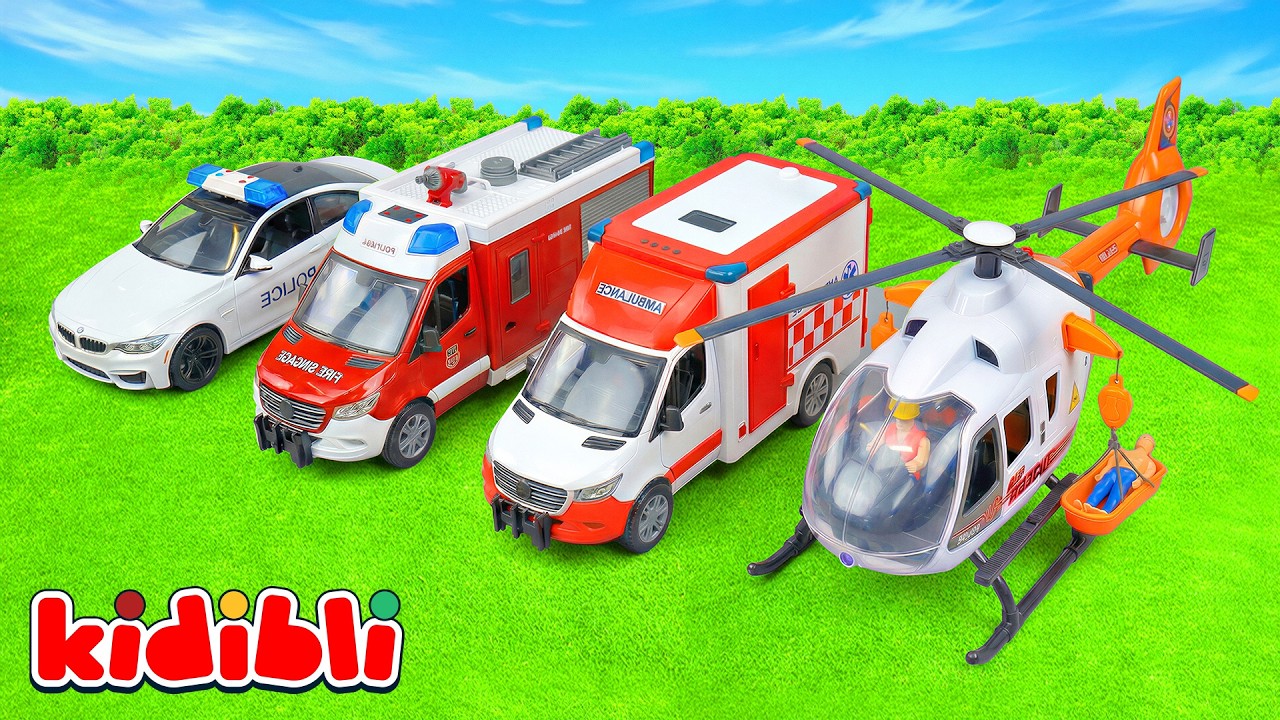 Missione di soccorso con elicottero, pompieri e ambulanza 🚁🚒 Macchinine giochi per bambini | Kidibli