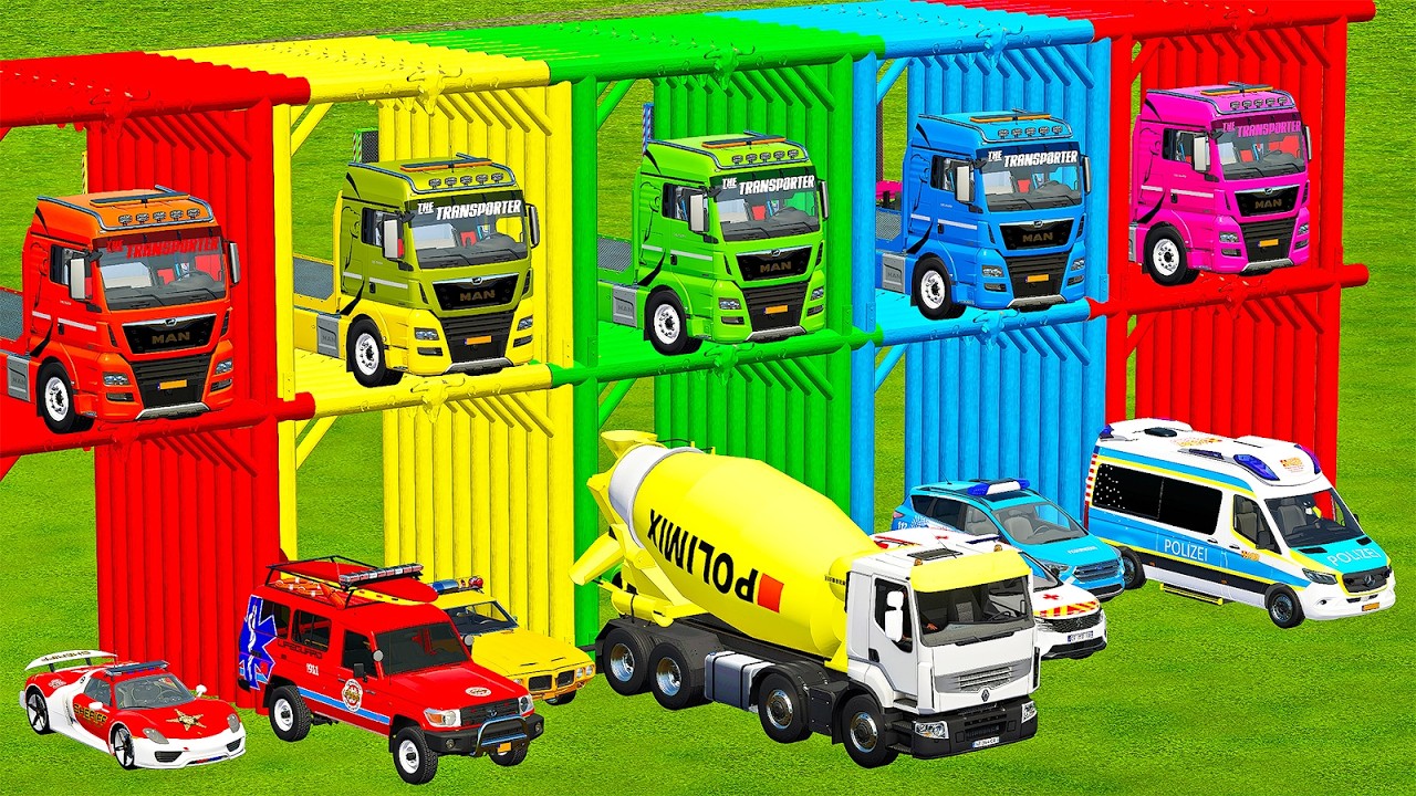 TRANSPORTING AMBULANCE, CEMENT MIXERS, FIRE BRIGADE, POLICE WITH MAN TRUCKS! Farming Simulator 22