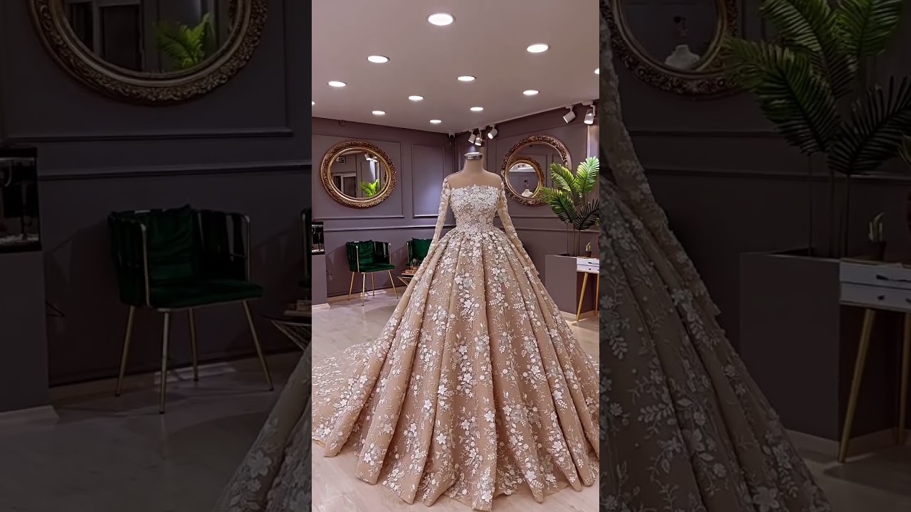 CHAMPAGNE BRIDAL GOWNS WITH LACE PEARL DETAILS 