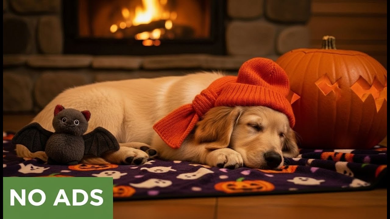 12 Hours of Cozy Halloween Sleep Golden Retriever Puppy by the Fireplace to Relax & Calm Dogs