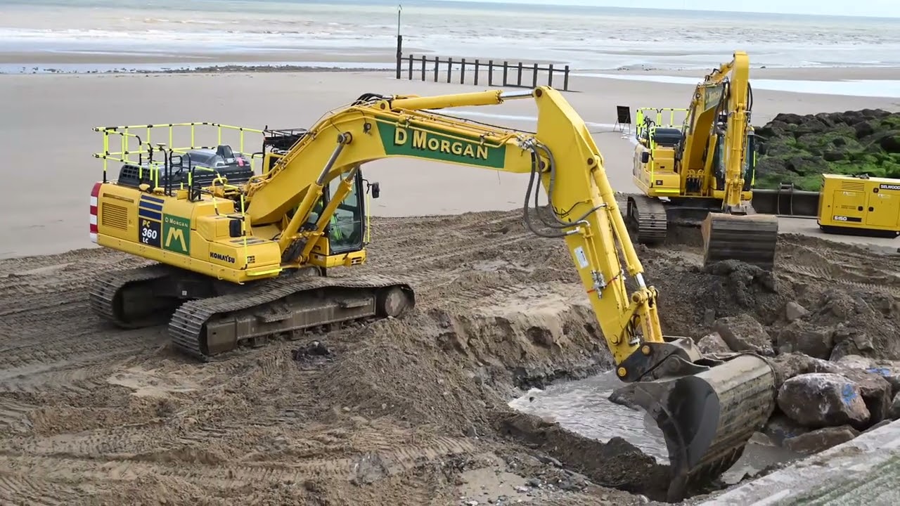Komatsu PC360 and PC210 Working on Rhyl Beach. #komatsu  #heavyequipment