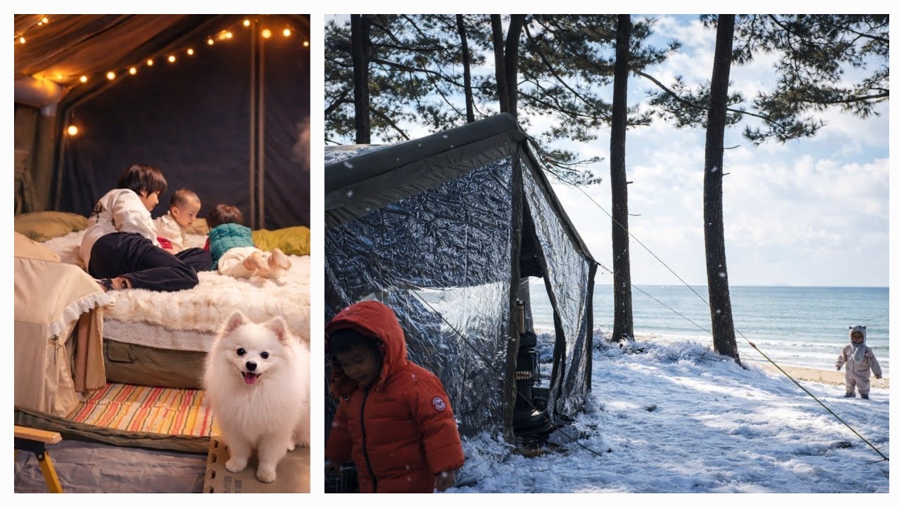 ☃️아이들과 겨울바다 노지캠핑/쿠디 10.0 에어타프 사용해보기🏕 #캠핑 #camping