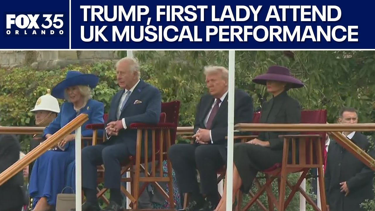 President Trump, First Lady attend joint U.S./UK military band performance on castle lawn