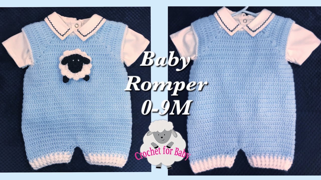 Crochet baby Rompers with lamb appliqué- boy or girl crochet dungarees 0-9M Easy Crochet for Baby