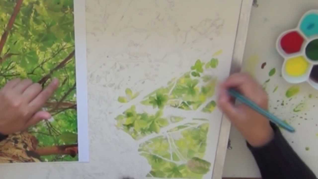 Painting trees and leaves with watercolor, a time lapse video