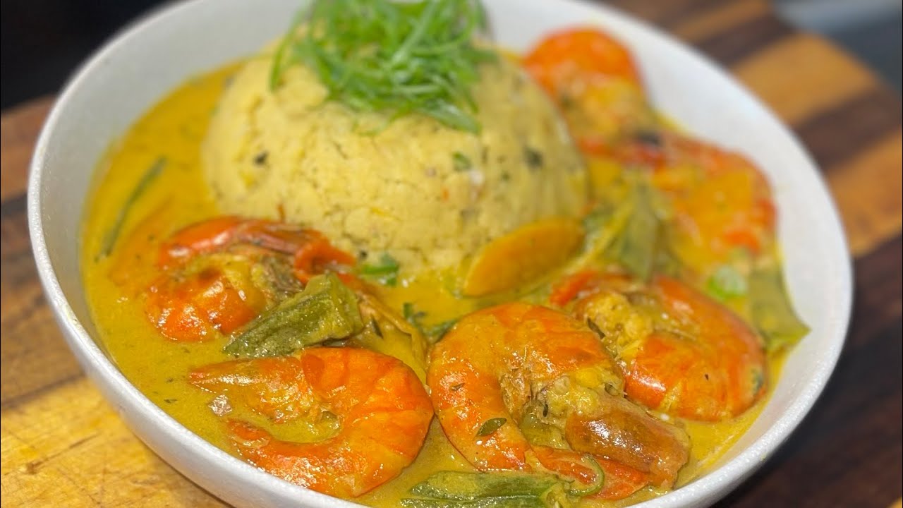 Turn cornmeal | polenta | how to make Jamaican turn cornmeal and coconut curry prawns