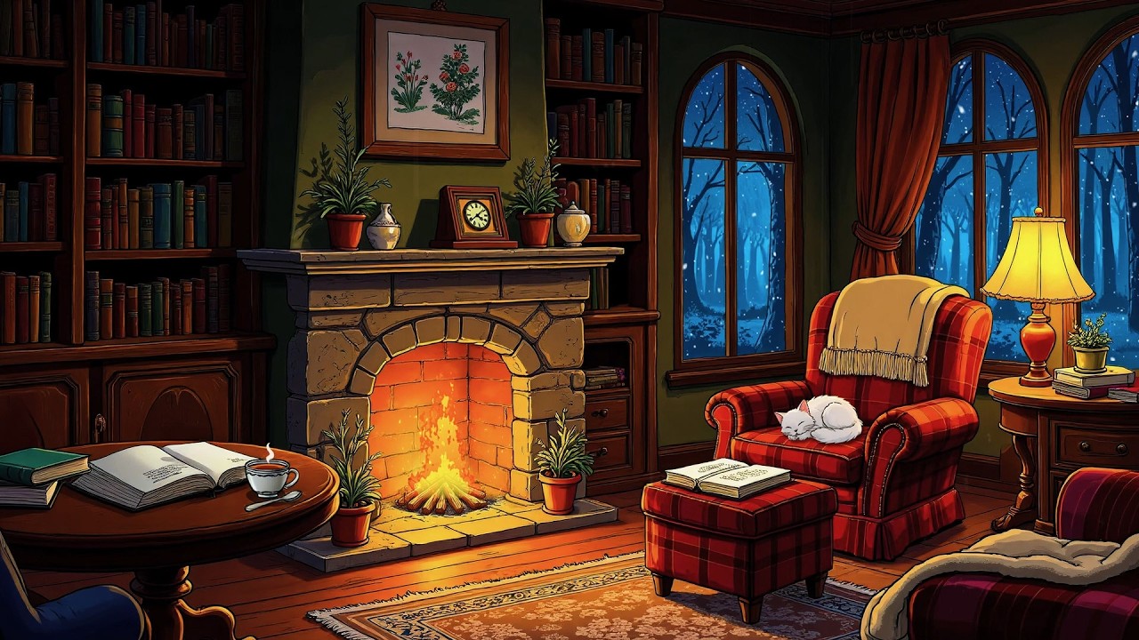 it's 1930s and vintage oldies playing in another room with cozy fireplace to relax to