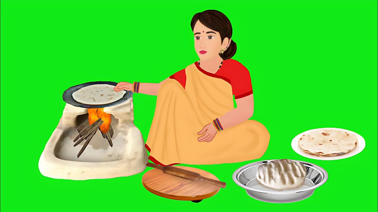 cartoon village cooking green screen video. female cartoon green screen video,