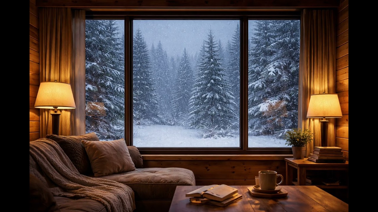 Winter Snow Seen from a Cozy Cabin ❄️ Calm Snow Ambience (1 Hour)