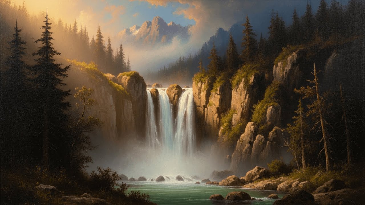 Ambient ART TV 4K: Relaxing Mountain Waterfall Oil Painting | Gallery TV Masterpiece