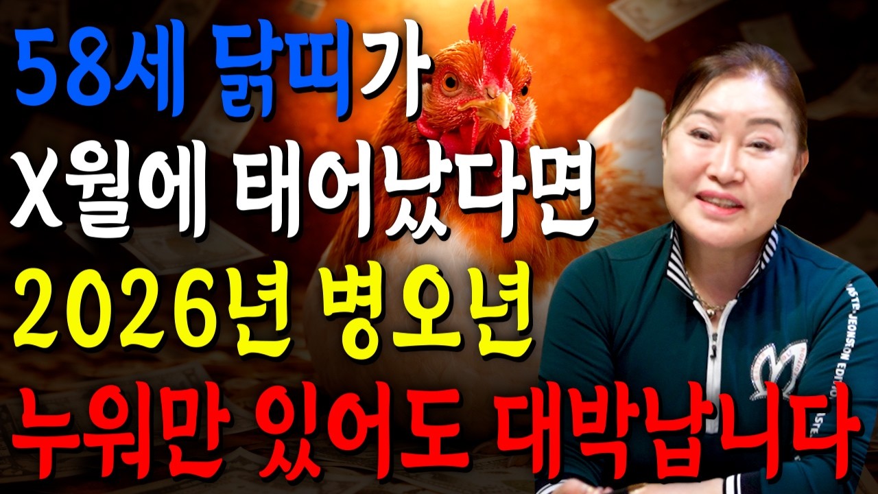 [2026년 1969년생 닭띠운세] 올해 58세 되는 닭띠는 100% 대박납니다! 금전,문서,귀인운 자식복까지 모두 펑펑 터진다!! 69년생 58세 닭띠의 병오년 신년운세