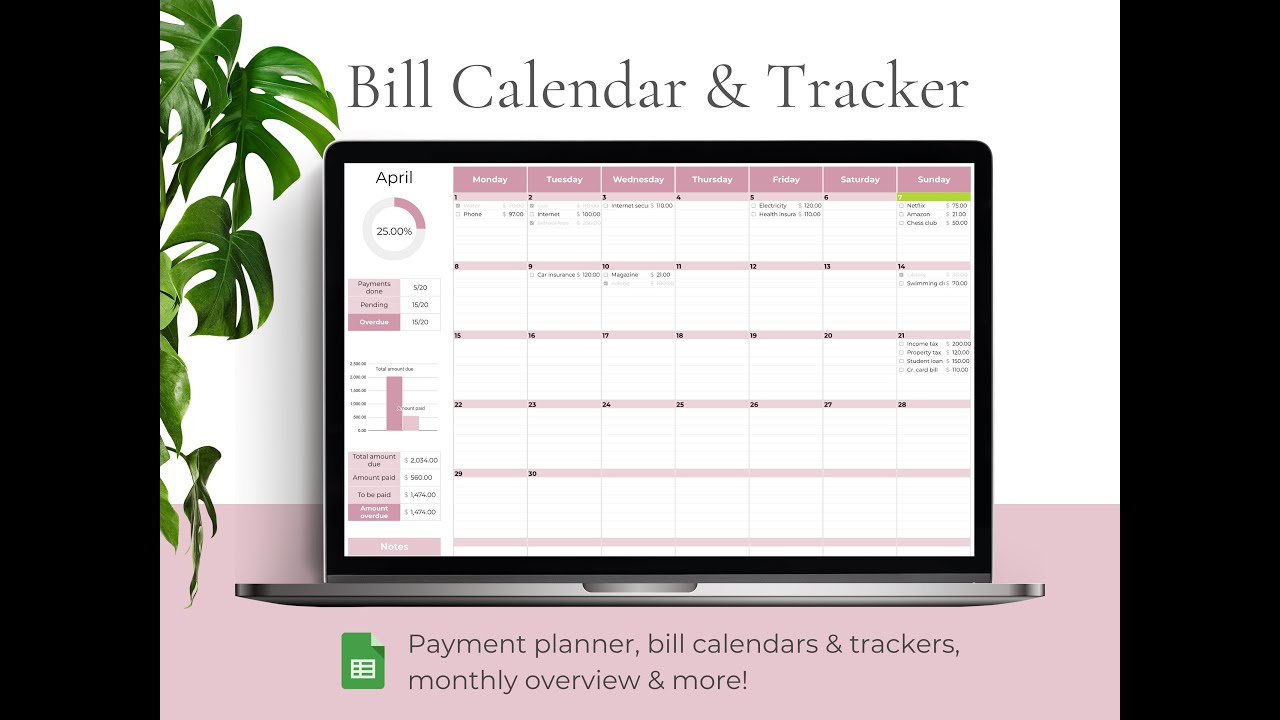 Bill Payment Calendar & Tracker in Google Sheets &mdash; Digital Planner with Dashboard & Stats