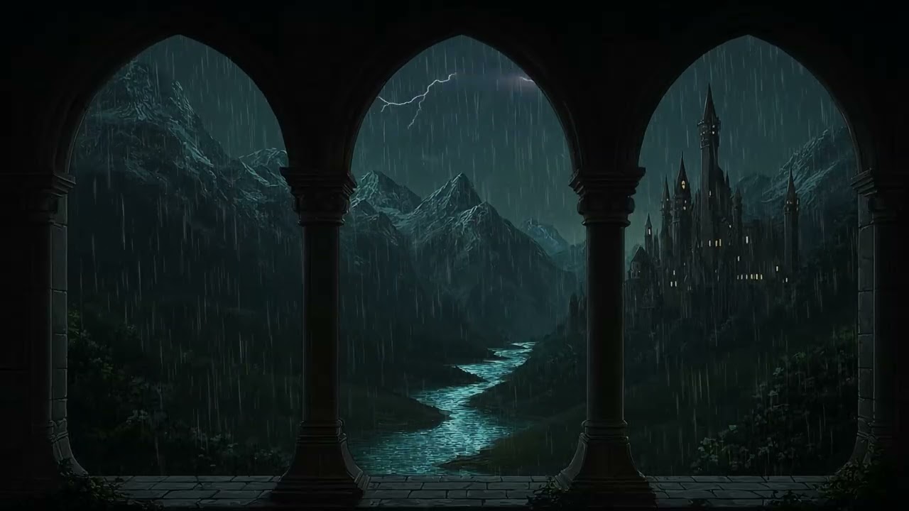 Rain Sounds and Thunder from Medieval Window with Majestic Castle View for Relaxation