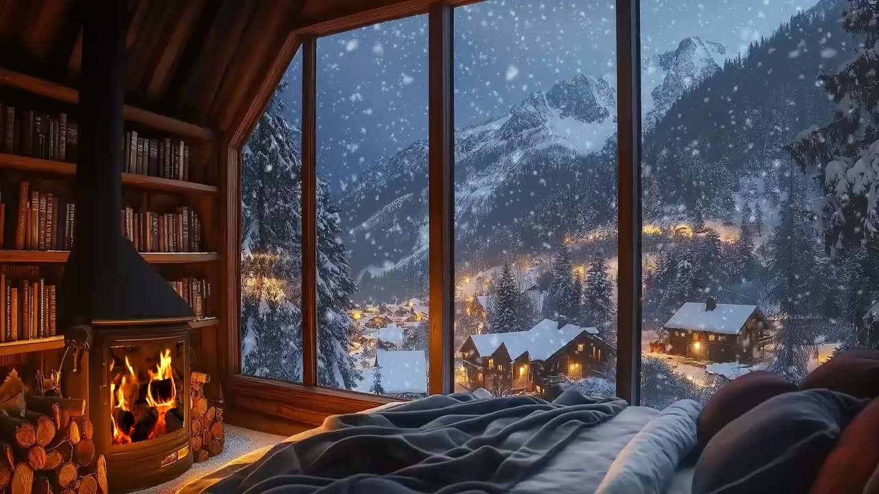 🔥 Cozy Fireplace Cabin | Blizzard Wind Outside at Night • 3 Hours | Stress Release Focus Study Relax