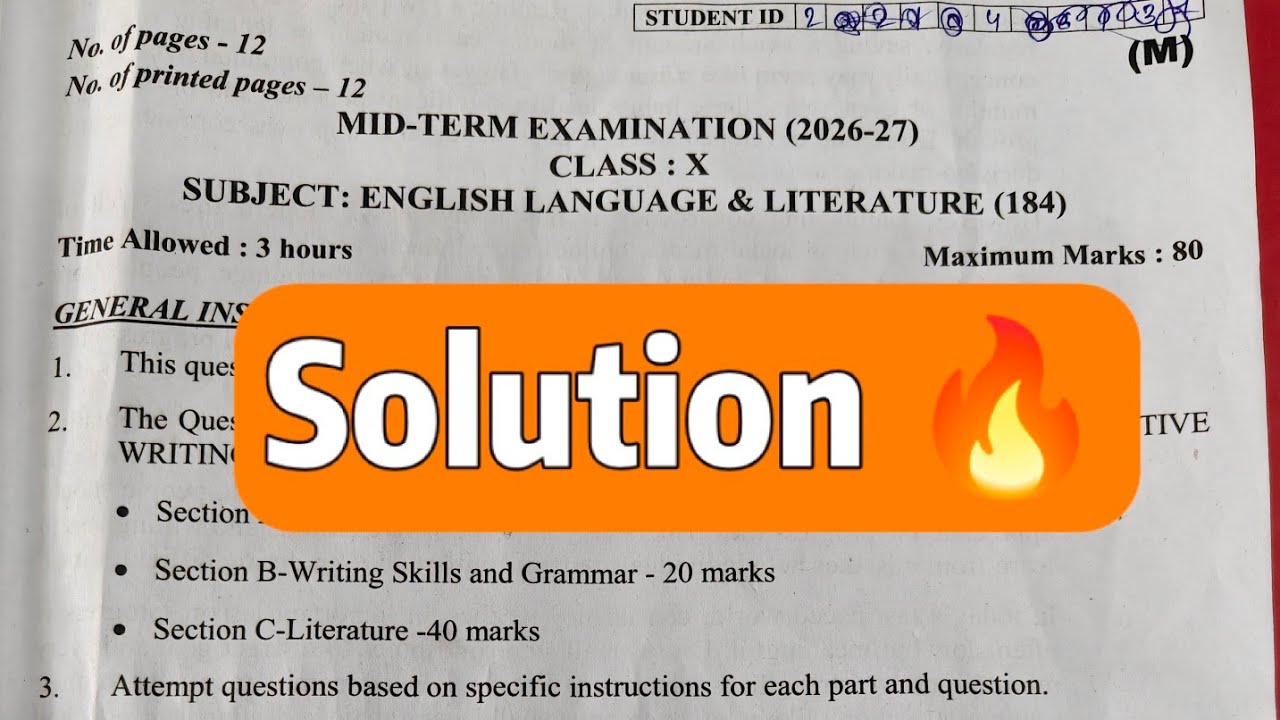 Class 10 english mid term exam answer key 2026 / class 10 english paper solution 2026 27 / 21 sept26
