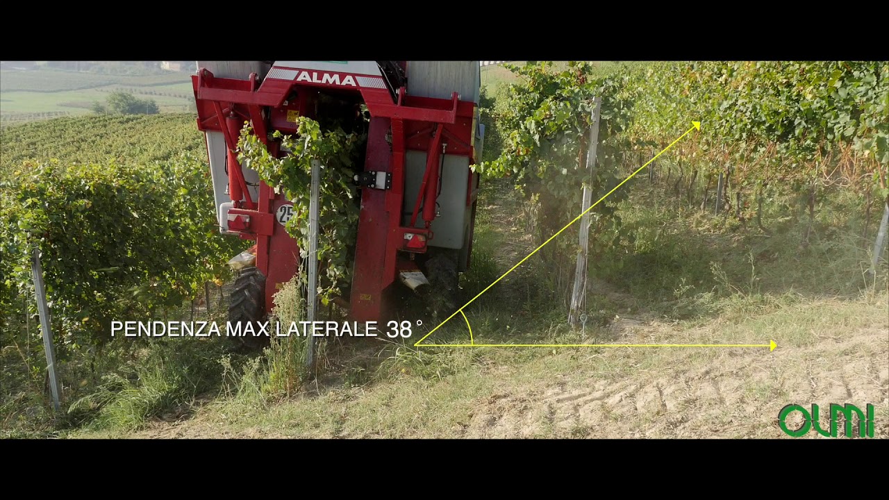 [Version HD] Machine à vendanger ALMA SELECTA 3  tractée par un tracteur à chenilles en Italie.