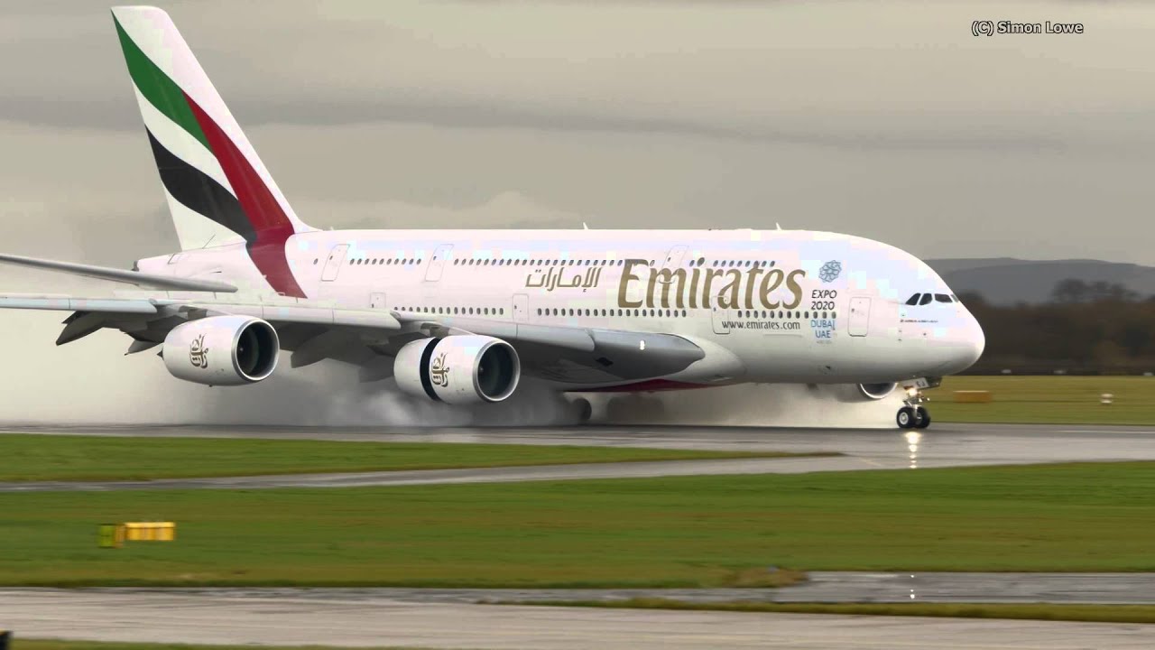 Emirates Airbus A380 and wet runway.