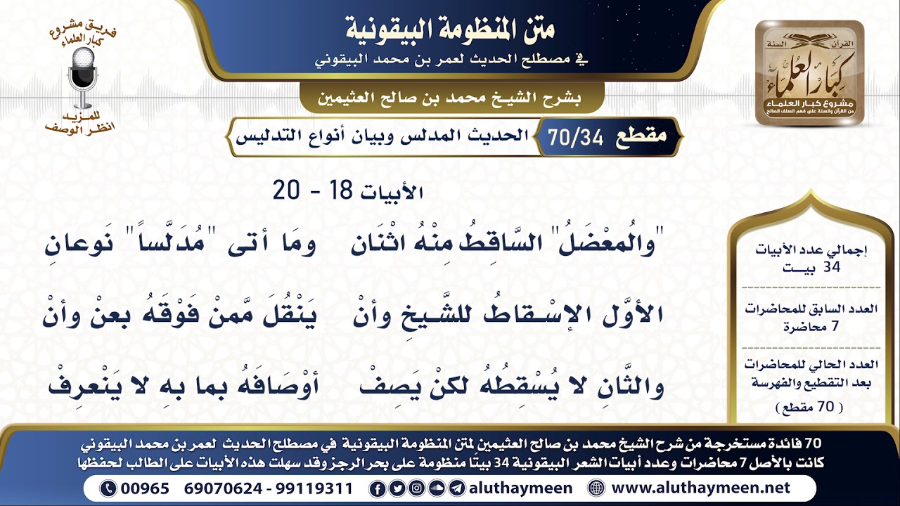 34 - 70 الحديث المدلس وبيان أنواع التدليس - شرح البيقونية - الشيخ ابن عثيمين البيت ( 18 - 20 )