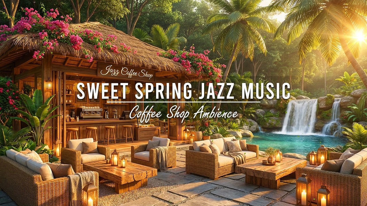 Morning Jazz Cafe by the Waterfall ☀ Spring Porch Ambience ~ Sweet Jazz Music for Positive Vibes