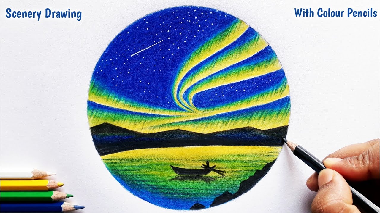 How to draw an Aurora Scenery with Colour Pencils || Northern Lights - Pencil Colour Drawing Easy