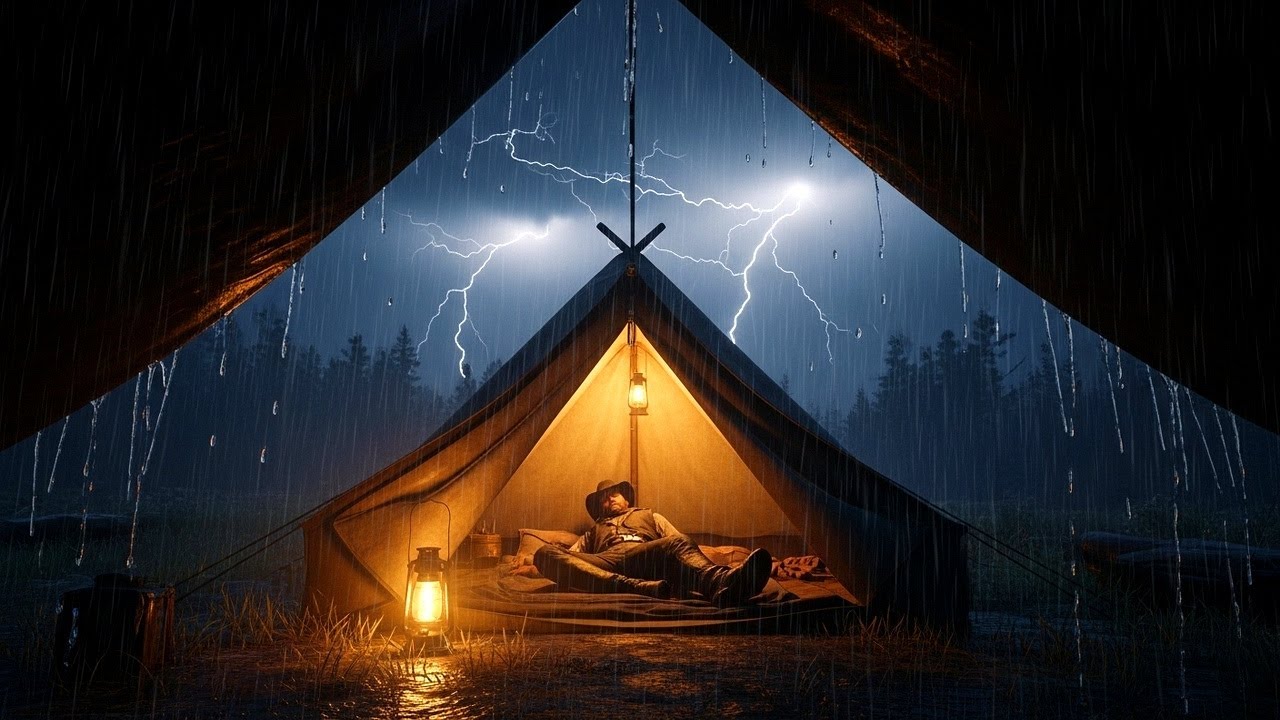 Cozy Cabin Porch Shelter During Heavy Thunder and Rain | RDR2 Relaxing Focus