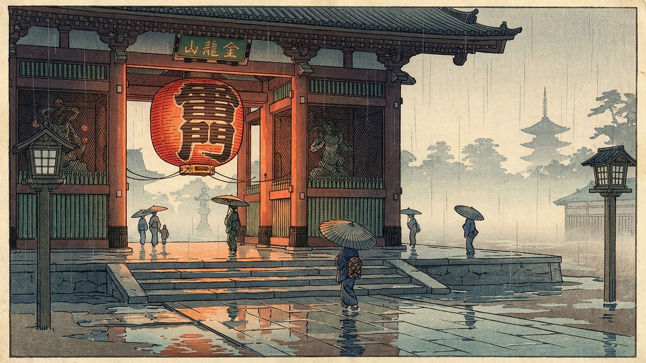 Asakusa Gate in the Rain ⛩️ Japanese Instrumental Music | Silent Zen Night for Focus