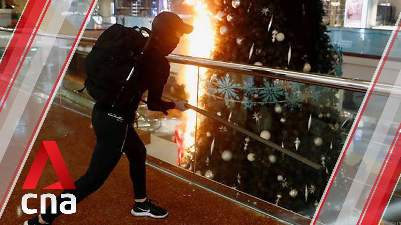 Hong Kong protesters set fire to Christmas tree in Festival Walk mall